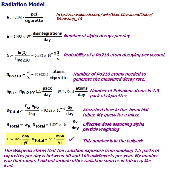 Figure 5: Radiation Calculations for 1.5 Pack a Day Smoker.
