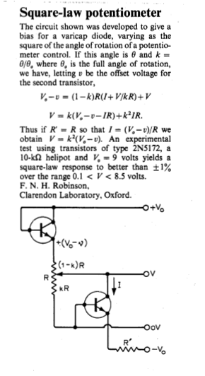 Figure 1: Circuit that Generates a Square Law Voltage Output Based on a Potentiometer Setting.