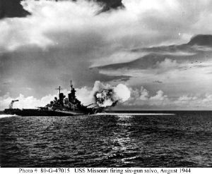 Figure 1: Battleship Missouri Firing a Six-Gun Salvo.
